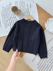 SHEIN 女童手工刺繡麻花針織落肩短版套頭毛衣，柔軟舒適，適合日常穿著、外出、旅行、度假、居家、玩耍、萬聖節與聖誕節 - 藏蓝色 - 查看 2