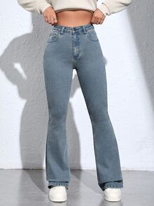 SHEIN ICON 休閒水洗喇叭褲牛仔褲 - 霧霾藍 - 查看 4