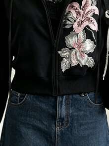 Lalippa Best-Selling Women's Casual Knit Loose Cropped Long Sleeve Sweatshirt/Print Design - Lily Flower Pattern/Black Sweatshirt - Black - View 3
