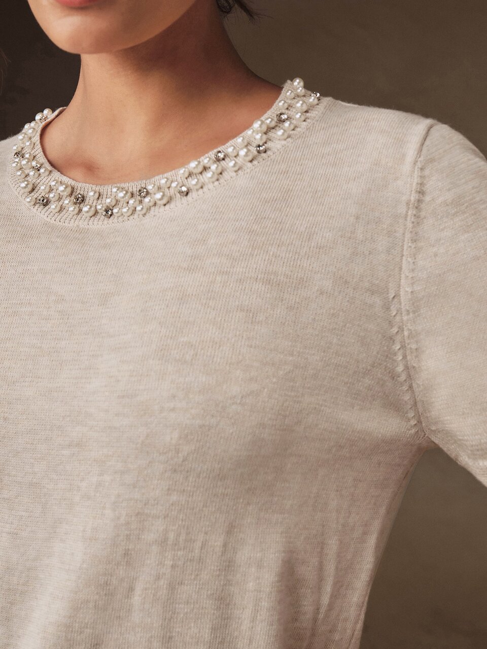 New Year Pullover Top With Heavy Beading And Mixed Rhinestones, Versatile Knit Women's Commute And Holiday Top