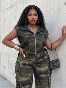 Slaydiva Plus Size Summer Casual Camouflage Print Sleeveless Jacket Fall - Army Green - View 3