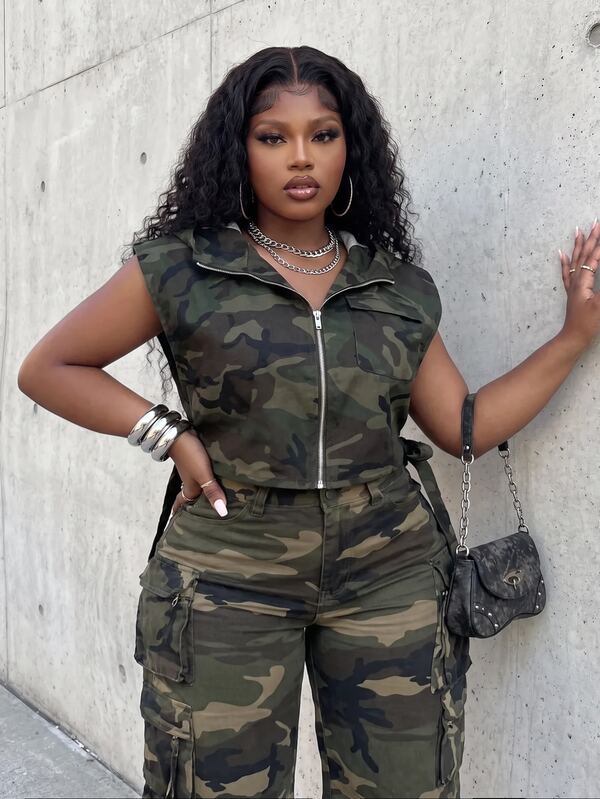 Slaydiva Plus Size Summer Casual Camouflage Print Sleeveless Jacket