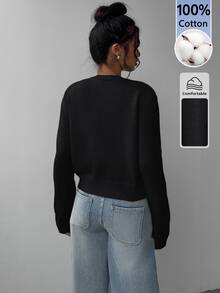 SHEIN BASICS 女款素色休閒百搭日常穿著長袖開襟衫 - 黑色 - 查看 2