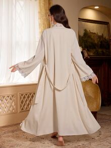 PalaceNights Embroidered Lace Trim Patchwork Long Sleeve Long Robe + Sleeveless Cinched Waist Dress Women's Pajama Set - Apricot - View 2