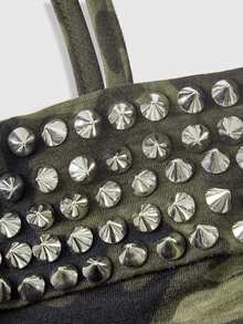 ROMWE Y2K Women's Street Punk Studded Bandeau Top With Split Hem - Army Green - View 3