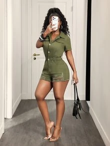SHEIN VaVaLuxe Women's Distressed Button Short Sleeve Denim Romper For Travel - Army Green - View 6