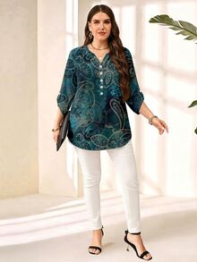 EMERY ROSE Plus Paisley Print Roll Tab Sleeve Blouse - Multicolor - View 3