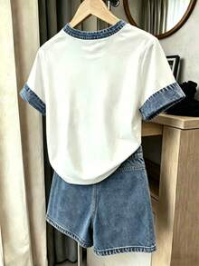 Tween Girl Bow And Denim-Effect Print Contrast Trim Tee & Shorts Set - Multicolor - View 5
