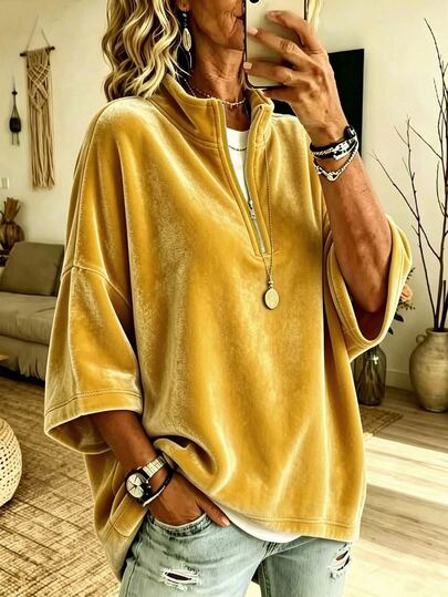 EMERY ROSE Women's Velvet Fabric High Neck Loose Zipper Dropped Shoulder Sleeve Design Elegant High-End Elegant Sophisticated Aura Outfit Country Casual Bohemian Style Street Photography Atmosphere Outfit Autumn Clothing Autumn Tops T-Shirt New Essential Fashion Item Niche Design Versatile Style Women's Casual Dropped Shoulder Loose Top T-Shirt