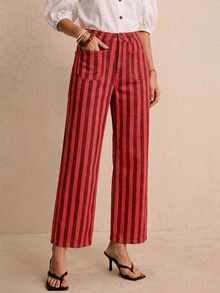 Poéselle 女款休閒通勤條紋直筒牛仔褲 - 紅色 - 查看 4