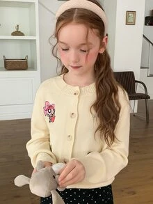 THE POWERPUFF GIRLS X DAZY Tween Girl Cartoon Embroidered Round Neck Long Sleeve Cardigan, Autumn/Winter - Apricot - View 9