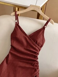Breezaya 女款性感交叉式細肩帶牛仔洋裝，夏季 - 咖啡棕 - 查看 7