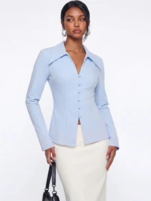 Avantive Women's Elegant Commute Solid Color Waist-Cinching Top - Baby Blue - View 5
