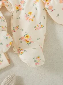 SHEIN 4件組新生兒女嬰禮品可愛長袖花卉連身衣套裝，適合秋季假期 - 黃色 - 查看 7
