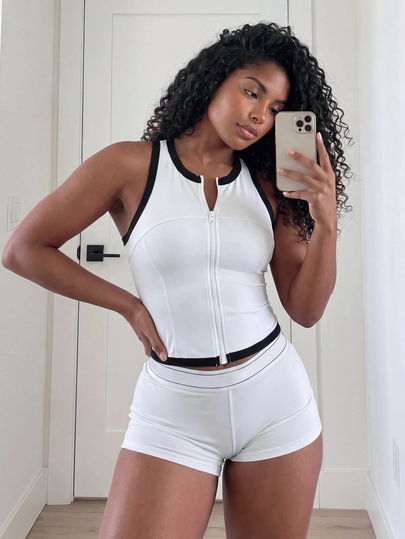 SHEIN Core Rhythm Kaos Olahraga Wanita Kasual Serbaguna dengan Desain Blok Warna untuk Perjalanan Sehari-hari