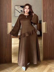 Dazy Plus Solid Color Fitted Waist Ruffle Trim Round Neck Long Sleeve A-Line Elegant Spring Autumn Dress - Brown - View 6