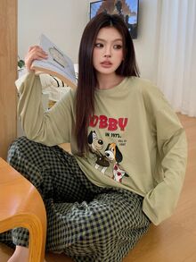 Dazy Plus 2pcs Cute Puppy Print Loose Long Sleeve T-Shirt & Plaid Straight Leg Long Pajama Pants Set, Spring/Autumn Sleepwear Outfit - Green - View 8
