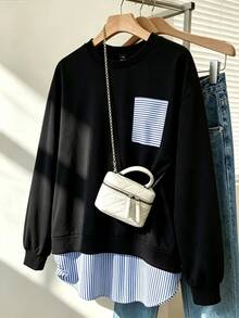 GlowEve CURVE Pullover Wanita Ukuran Besar Musim Gugur/Dingin dengan Motif Garis-Garis Blok Warna, Leher Bulat, dan Satu Saku Samping; Menampilkan Gaya Kasual dan Minimalis untuk Musim Gugur. - Hitam - View 1
