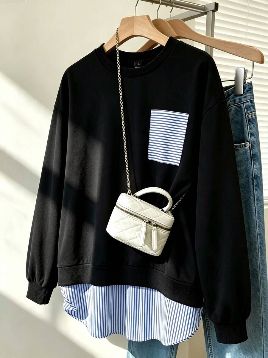 GlowEve CURVE Pullover Wanita Ukuran Besar Musim Gugur/Dingin dengan Motif Garis-Garis Blok Warna, Leher Bulat, dan Satu Saku Samping; Menampilkan Gaya Kasual dan Minimalis untuk Musim Gugur. - Hitam - View 1