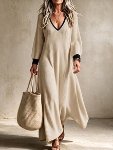 Breezaya Vacation Casual Long Knit Dress Brunch Vacation Vacation Black And Beige Autumn - Apricot - View 1