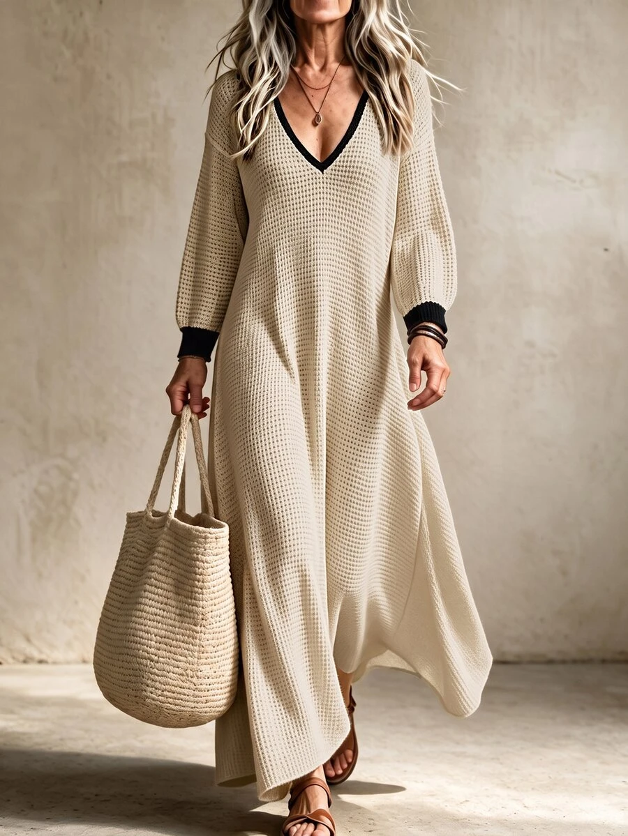Breezaya Vacation Casual Long Knit Dress Brunch Vacation Vacation Black And Beige Autumn - Apricot - View 1