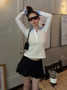 DAZY Women's Contrast Color Lapel Casual Long Sleeve Korean Style Versatile T-Shirt - White - View 5