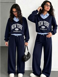 SHEIN ChillGRL 青少年女孩秋季穿搭上衣 休閒極簡風 假日時尚 針織保暖柔軟聚酯纖維 都市通勤街頭風 藍色 - 藍色 - 查看 3