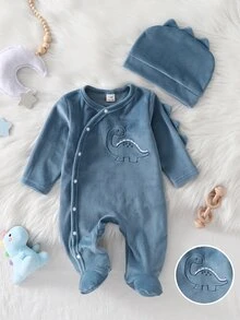 Newborn Dusty Blue Dinosaur Embroidered 3D Triangle Decor Round Neck Asymmetric Front Closure Footed Jumpsuit Hat Home Wear Set Sleep Autumn Baby - Navy Blue - View 2