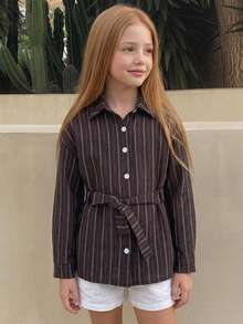 DAZY Tween Girl) Striped Long Sleeve Fashion Tie-Front Casual Shirt, Autumn New Arrival - Brown - View 7