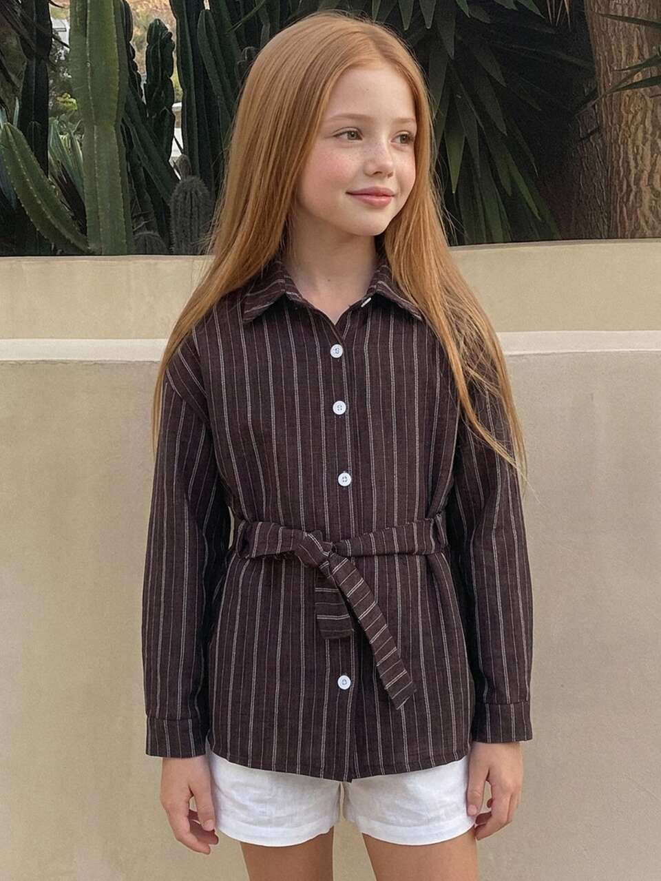 Tween Girl) Striped Long Sleeve Fashion Tie-Front Casual Shirt, Autumn New Arrival