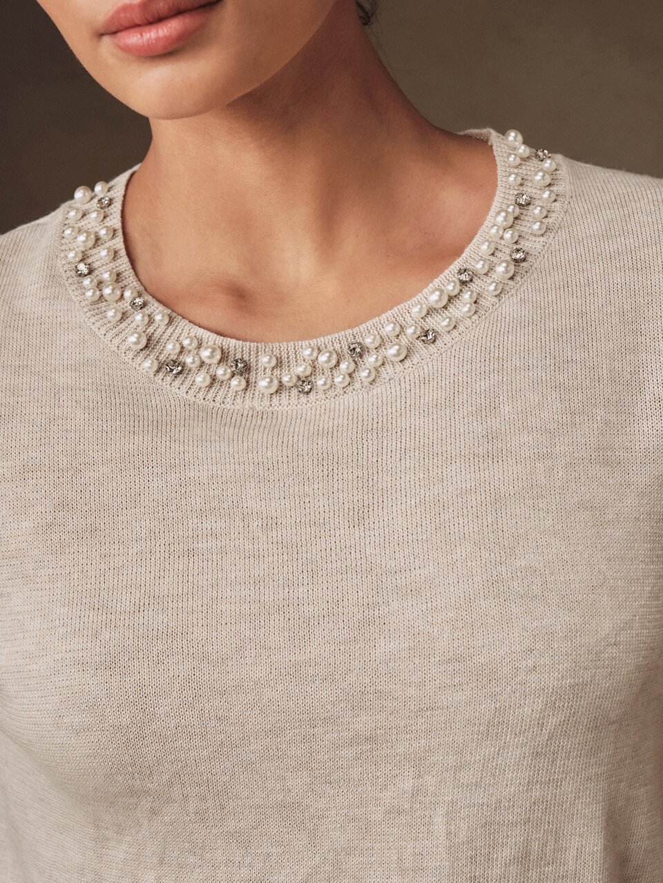New Year Pullover Top With Heavy Beading And Mixed Rhinestones, Versatile Knit Women's Commute And Holiday Top