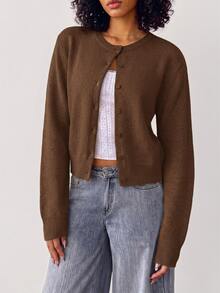 SHEIN BASICS Women's Solid Color Long Sleeve Single-Breasted Knit Cardigan - Coffee Brown - View 3