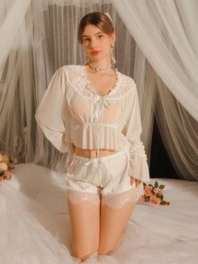 DelicateAllure White Mesh & Lace Patchwork Ruffle Lantern Sleeve Pure Elegant Women's Pajama Top - White - View 5