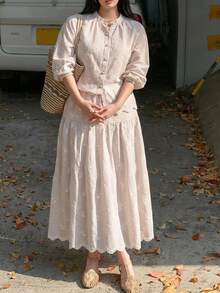 Dazy Plus Spring/Summer Women's Casual Striped All-Over Floral Embroidered Stand Collar Shirt & A-Line Skirt 2 Pieces Set - Khaki - View 2