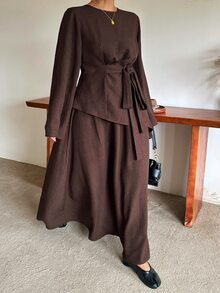 Dazy Plus Solid Color Round Neck Long Sleeve Asymmetric Tie Top & Long Loose Brown Skirt 2pcs Set, Spring/Autumn Lounge Sets For Women - Rust Brown - View 1