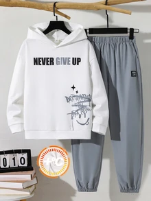 SHEIN 2件組兒童青少年男孩休閒百搭白色連帽衛衣與灰色慢跑長褲套裝，Y2K穿搭，百搭上衣，適合秋冬、學校、家庭聚會、度假、派對，秋季穿搭，冬季穿搭 - 彩色 - 查看 2