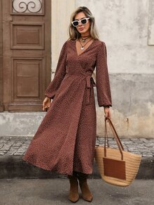 Brillora Brown And White Polka Dot Wrap Midi Dress, Long Sleeve V‑Neck For Summer Commute,Wrap Design, Clothes,Office Vacation Outfits,Christmas Boho - Brown - View 3