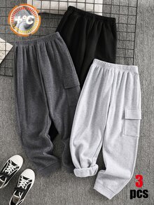 SHEIN 3件組買2送1兒童青少年男孩休閒學院風簡約實用百搭運動長褲運動褲，男孩套裝兒童套裝 - 彩色 - 查看 4