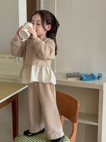 DAZY Infant (Girl) Round Neck Long Sleeve Colorblock Patchwork Korean Style 2 Pieces Sweatshirt Set Fall - Apricot - View 7