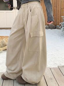 Dazy Plus Solid Color Casual Traditional Side Pocket Cargo Pants Street Loose Wide Leg Curved Leg Denim Jeans Autumn Formal Going Out Grey - Apricot - View 1