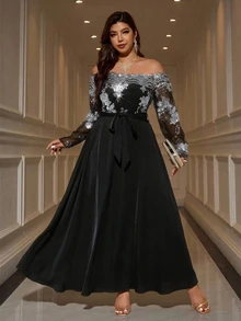 Reflora Plus Size Elegant Party Sequin Patchwork Off-Shoulder Dress Fall - Silver - View 6