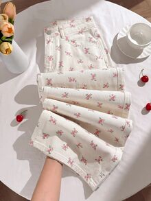 SHEIN Kids Tween Girl Girls' Black Polka Dot White Denim Loose Long Pants - Multicolor - View 5