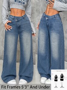 SHEIN PETITE CURVE 女款大尺碼不對稱腰線復古寬鬆淺藍色牛仔直筒褲，夏季休閒正式 Y2K 商務鄉村風可愛風 - 淺色水洗藍 - 查看 1