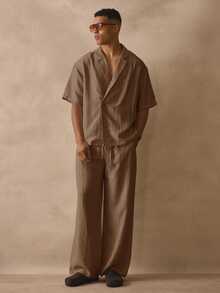 Musero Straight Leg Button Detail Elasticated Drawstring Waistband Trouser Linen Pants Spring Summer Essentials - Brown - View 1