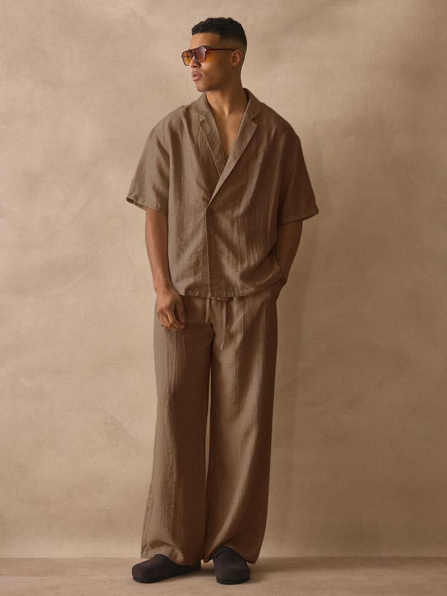 Musero Straight Leg Button Detail Elasticated Drawstring Waistband Trouser Linen Pants Spring Summer Essentials - Brown - View 1