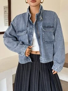 Dazy Plus Jaket Denim Vintage dengan Resleting Depan, Kantong Longgar, Kerah Tegak, Lengan Panjang, Cocok untuk Musim Semi, Musim Panas, dan Musim Gugur. - Medium Wash - View 6