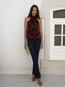 Nöista Floral Print Backless Tie Halter Top - Red Violet - View 10