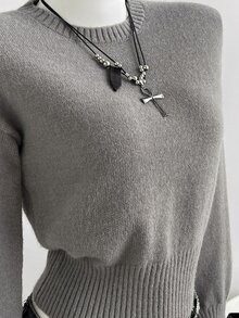 Elamini Women's Grey Casual Versatile Daily Commute Autumn/Winter Crew Neck Pullover Sweater - Grey - View 4