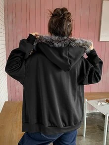 Dazy Plus Plus Size Thermal Lined Thick Letter Print Patchwork Fur Collar Hooded Sweatshirt, Autumn/Winter Streetwear Casual Design - Black - View 2