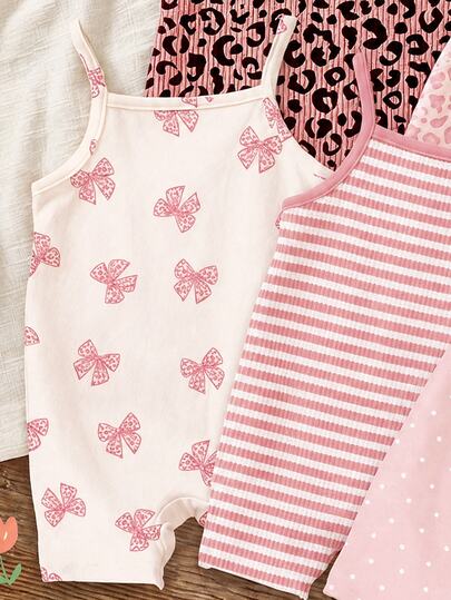 [Random 5pcs, Send 1pc]Vintage Cute Leopard Print Series, Chill Chill, Baby Girl Casual Cami Romper For Spring/Summer